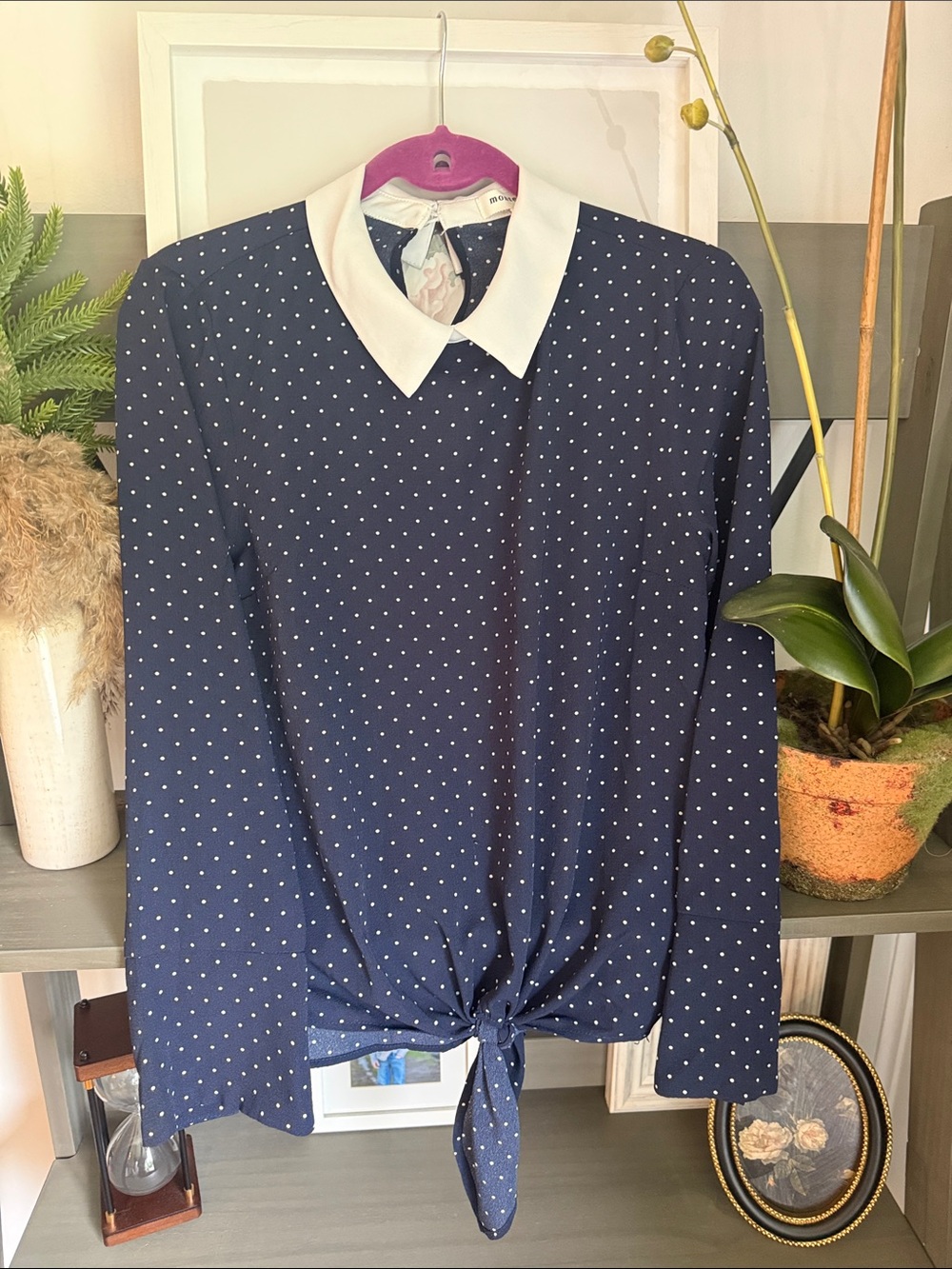 Polka Dot Navy Long-Sleeve Blouse with White Collar and Tie Front